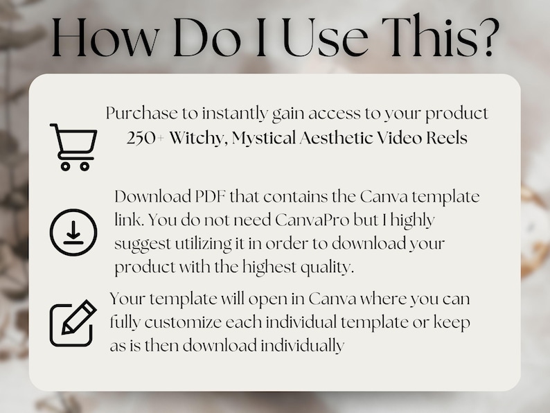 May include: A beige graphic with the text "How Do I Use This?" and instructions for accessing and customizing video reels. Includes icons of a shopping cart, a download arrow, and a pencil. The text describes how to download and customize the templates.