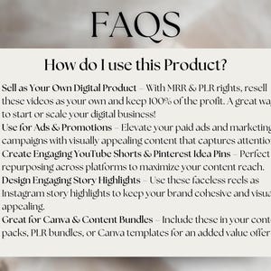 May include: A digital product FAQ page with the title "FAQS" in a stylish font. The page includes a list of ways to use the product, such as selling it as a digital product, using it for ads, and creating engaging content.