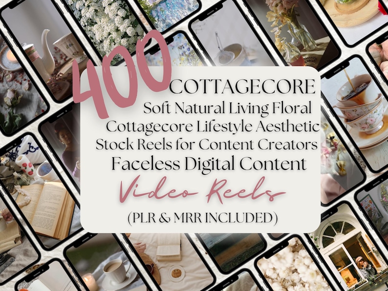 May include: A collection of smartphone screens displaying cottagecore aesthetic images. The central image features the number "400" in pink, with text describing "Cottagecore" video reels for content creators. The reels include faceless digital content.