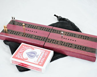 Wood Cribbage Board - Purpleheart & Wenge - 2 Player Game | Travel Cribbage | Folding Cribbage