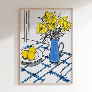 Impressões de mesa azuis, desenho de tinta de arte linear, presente de arte de parede floral, decoração de arte botânica, decoração de parede de impressão minimalista, natureza morta, pôster cítrico