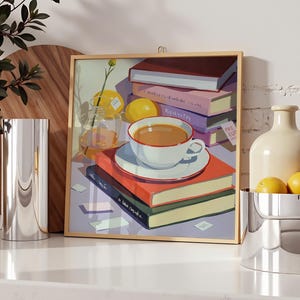 Può includere: Un'illustrazione incorniciata di una natura morta con una tazza di caffè, limoni, un barattolo di miele e una pila di libri. I libri hanno titoli come "Reputations" e "The Memory of Familiar Music".