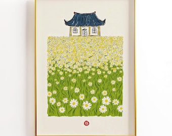 Láminas de la fortuna coreana, descarga digital, pintura al óleo pastel, Año Nuevo, decoración de pared, póster imprimible, jardín de flores, regalo