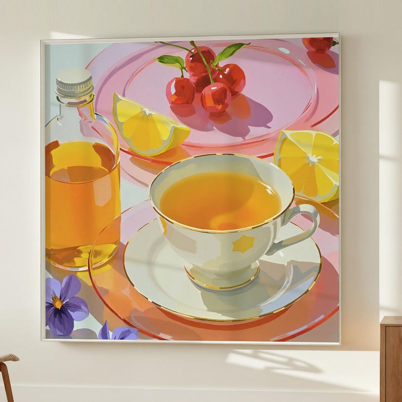 May include: A still-life painting featuring a teacup and saucer filled with tea, a bottle of juice, lemon slices, cherries, and purple flowers. The teacup and saucer have gold trim. The background includes pink plates.
