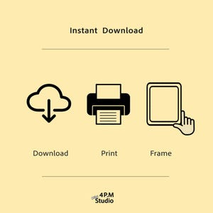 Puede incluir: Ilustraci&oacute;n en blanco y negro de una nube con una flecha hacia abajo, una impresora con una hoja de papel y una tableta con una mano apuntando a la pantalla. El texto "Descarga instant&aacute;nea" est&aacute; por encima de las ilustraciones. El texto "Descargar", "Imprimir" y "Enmarcar" est&aacute; debajo de las ilustraciones.