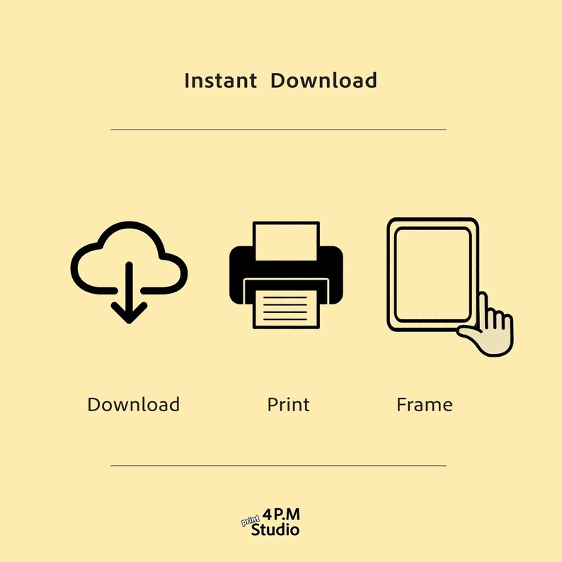 Puede incluir: Ilustraci&oacute;n en blanco y negro de una nube con una flecha hacia abajo, una impresora con una hoja de papel y una tableta con una mano apuntando a la pantalla. El texto "Descarga instant&aacute;nea" est&aacute; por encima de las ilustraciones. El texto "Descargar", "Imprimir" y "Enmarcar" est&aacute; debajo de las ilustraciones.