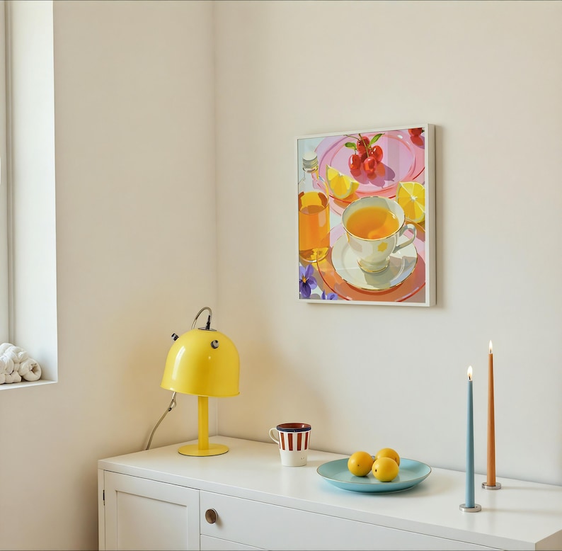 May include: A yellow desk lamp with a curved handle sits on a white cabinet. A framed painting of a tea setting with cherries and lemons hangs on the wall. A blue plate holds lemons, and two candles stand nearby.