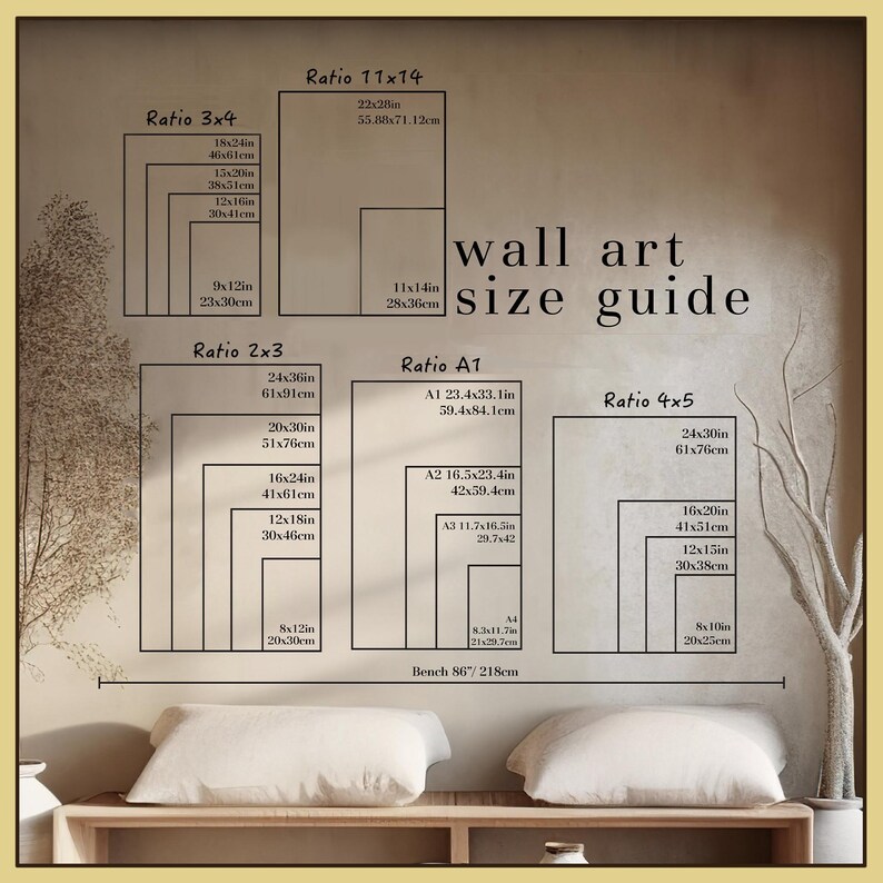 Puede incluir: Una gu&iacute;a de tama&ntilde;os para arte de pared con diferentes proporciones y medidas en pulgadas y cent&iacute;metros. La gu&iacute;a incluye proporciones como 3x4, 2x3, 11x14, A1 y 4x5. La gu&iacute;a tambi&eacute;n incluye un banco con una medida de 86" o 218cm.