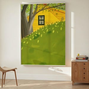 May include: A painting of a yellow house with a single window and a green lawn in the foreground. The house is partially obscured by a large tree with green leaves.