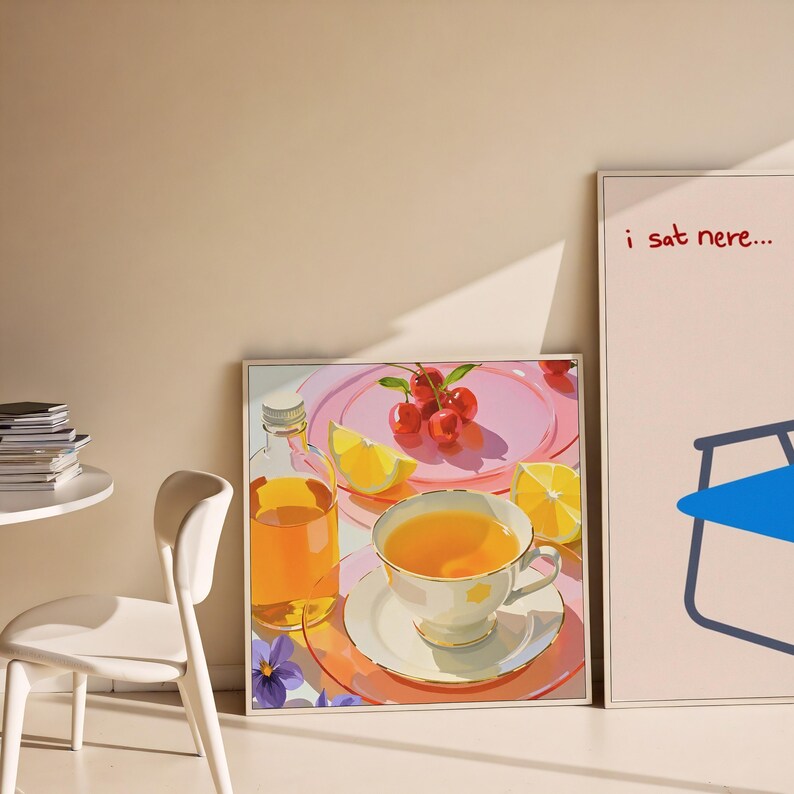 May include: A still-life painting depicts a tea setting with a bottle of juice, a teacup, cherries, and lemon slices on a pink plate. The painting has a warm color palette and a vintage aesthetic.
