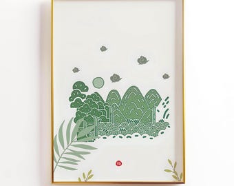 Impresiones de la fortuna verde coreana, descarga digital, pintura sencilla y zen, Año Nuevo, decoración de pared, póster imprimible, jardín de flores, regalo