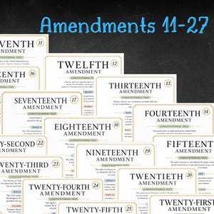 Könnte beinhalten: Eine Sammlung von Lehrplakaten mit dem Titel Amendments 11-27, die einzelne Karten für jeden Zusatzartikel enthalten. Jede Karte zeigt die Nummer des Zusatzartikels, den Verfassungstext und Illustrationen zur amerikanischen Geschichte.