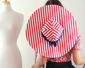 Wide Brim Sun Hat in Red and White Striped - Floppy Beach Hat - Women's Summer Hats