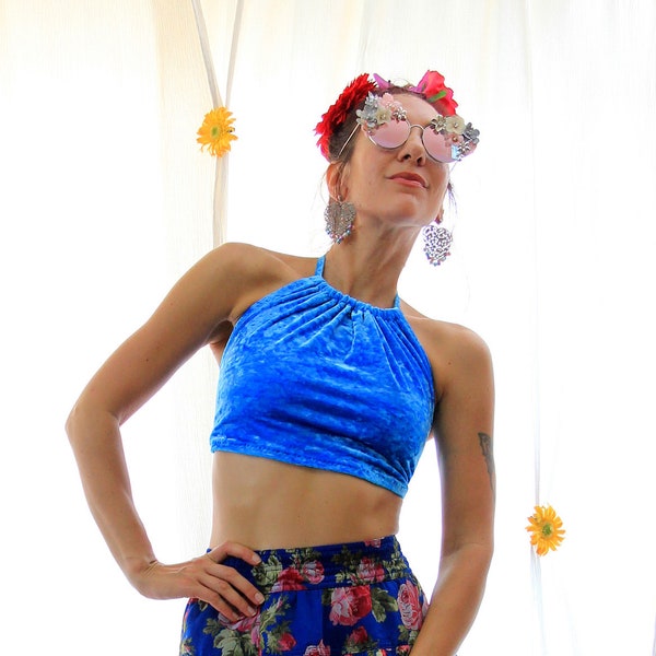 Crop Top in Turquoise Crushed Velvet - Music Festival Halter Top with Open Back - Lots of Colors