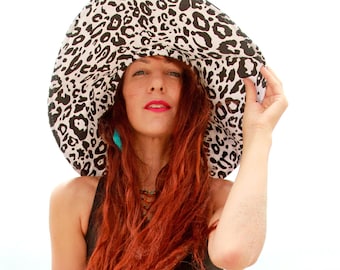 Wide Brim Hat in Leopard Print - Black and White Floppy Beach Hat - Women's Wide Brimmed Sun Hats - Animal Print Hat - Mob Wife Look