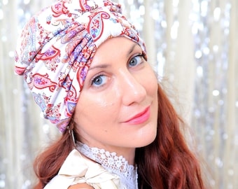 Paisley Print Turban Head Wrap - Women's Hair Turban in Off White Jersey Knit Print - Women's Fashion Turbans