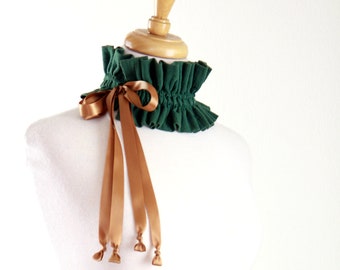Victorian Wood Nymph Choker Collar - Hunter Green Neck Ruff with Chestnut Satin Ties - Cottagecore and Fairycore Fashion Accessories