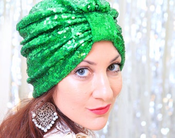 Green Sequin Turban - St. Patrick's Day Stye - Women's Hair Turbans with Sequins - Kelly Green Turban Headwrap