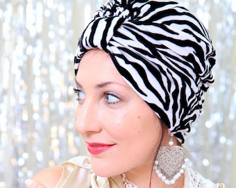 Zebra Print Turban in Velvet - Black and White Striped Women’s Turban - Animal Print Fashion Hair Wrap - Turban Headwraps