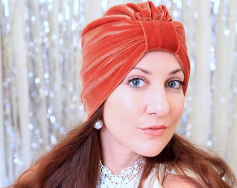Velvet Turban - Women’s Fashion Hair Wrap in Rust Red - Burnt Orange - Bohemian Style Hair Accessories - Pumpkin Spice