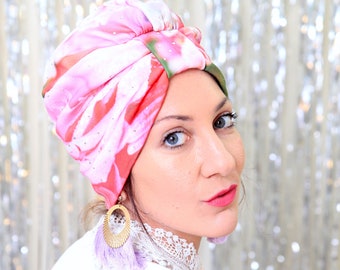 Women's Turban in Organic Cotton Floral Print - Natural Turban Headwrap with Pink Flowers and Crystals - Rhinestone Turbans for Women