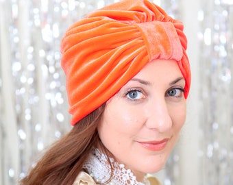 Orange Velvet Turban - Women’s Fashion Turbans - Velvet Hair Wrap - Bohemian Style Hair Accessories