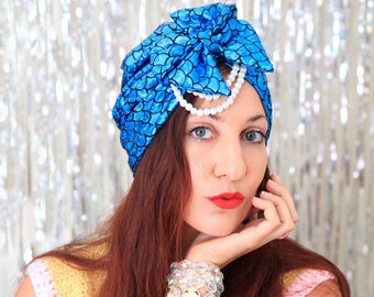 Mermaid Turban Head Wrap with Pearls -  Mermaid Headdress - Women's Hair Turban in Blue Scales Print