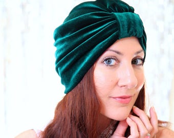 Velvet Turban in Hunter Green - Turban Hat - Women’s Hair Turbans - Dark Green Turban Headwrap - Bohemian Style Head Turban