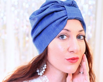 Denim Turban Hat - Hair Turbans for Women - Blue Jean Denim Hairwrap - Women's Full Turban - Medium Blue Wash, Indigo, or Dark Denim