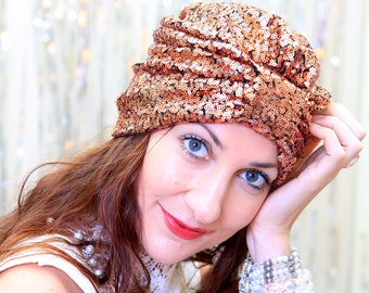 Sequin Turban Hat in Copper - Women's Hair Turbans - Mardi Gras Fashion Headwrap - Bohemian Style Accessories