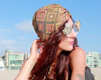 Turban Hat in Geometric Print - Women's Organic Cotton Turban Headwrap - Brown and Tan - Burning Man Hat or Headdress - Music Festival Style