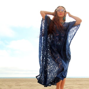 Lace Kaftan Dress in Navy Blue - Sheer Beach Cover Up - Women&#39;s Maxi Dresses and Caftans