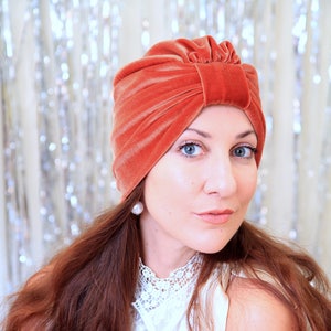 Velvet Turban - Women’s Fashion Hair Wrap in Rust Red - Burnt Orange - Bohemian Style Hair Accessories - Pumpkin Spice