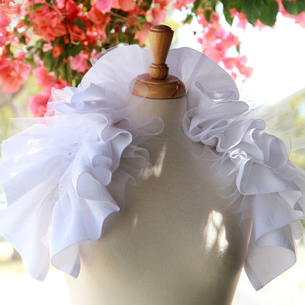 Statement Collar in White Cotton Gauze with Tulle - Convertible Shrug, Bolero, Scarf, or Ruff