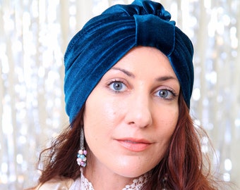 Envoltura de turbante de terciopelo en azul verde azulado oscuro - Turbantes de cabello para mujer - Muchos colores