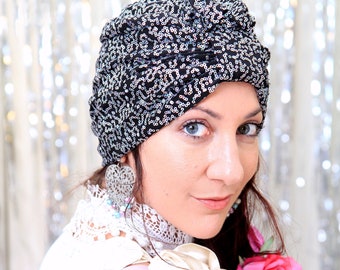 Turbante de lentejuelas en plata y negro - Envoltura de turbante para mujer - Turbante completo con lentejuelas - Muchos colores