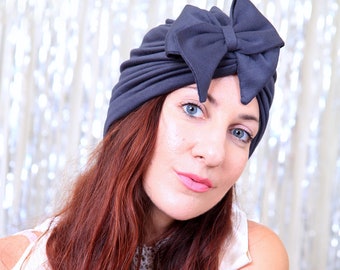 Charcoal Turban Headwrap with Bow - Women's Dark Grey Turban Hat - Turban Hair Wrap - Lots of Colors