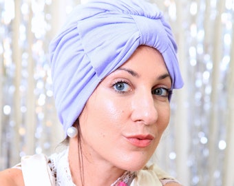 Women's Turban with Bow - Light Blue Jersey Knit Turban Headwrap - Fashion Turbans - Lots of Colors