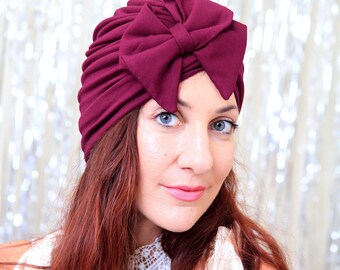 Burgundy Turban Headwrap with Bow - Women's Fashion Turbans - Turban Hair Wrap - Lots of Colors