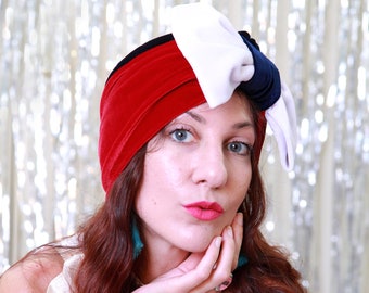 Vive la France Turban Hat in Tricolor Velvet - Red White and Blue Turban Headwrap - Women's Hair Turbans