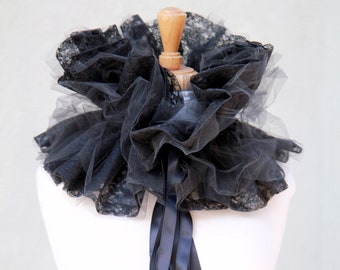 Black Lace Collar with Tulle - Gothic or Victorian Style Neckpiece - Steampunk Collars - Elizabethan Lace Ruff