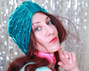 Crushed Velvet Turban in Jade Green - Women's Full Turban Headwrap - Velvet Hair Turbans - Lots of Colors