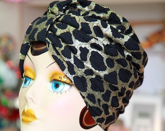 Metallic Leopard Print Turban - Women's Old Hollywood Style Turban Hat in Retro Animal Print - Mob Wife Look