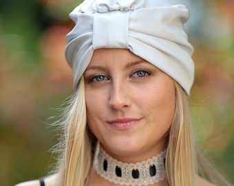 Turban Hat in White Faux Leather - Women's Fashion Turbans - Fake Leather Turban Headwrap