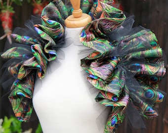 Peacock Costume Wings - Satin and Tulle Peacock Feather Print Collar or Shrug - Halloween or Cosplay