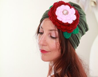 Turban with Flower - Olive Green Cotton Head Wrap - with Red and Pink Crochet Rosette and Pearl Jewel - Jeweled Turbans