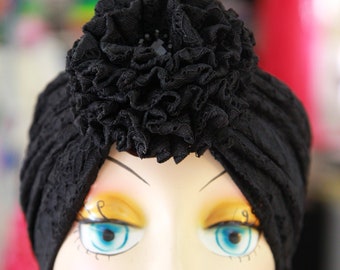 Women's Black Lace Turban with Rosette - Full Turban Headwrap with Flower and Rhinestone Jewel - Lace Hair Turbans