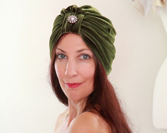 Olive Green Velvet Turban - Women's Jeweled Turban Hat or Headwrap - Lots of Colors - Optional Jewels