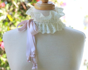 Cottagecore Choker Collar in Ivory Eyelet with Tea Stained Satin Ties - Victorian Broderie Anglaise - Lace Statement Collar - Lots of Colors