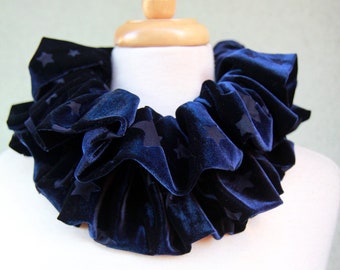 Navy Blue Stars Velvet Collar - Victorian Style Fashion Collars - Women's Velvet Neck Warmer or Ruff - Collar with Ruffles